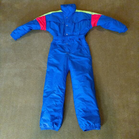 Vintage CB Sports Ski Suit Blue Pink Yellow 1980s Snowsuit Bib Girls 16 Neon